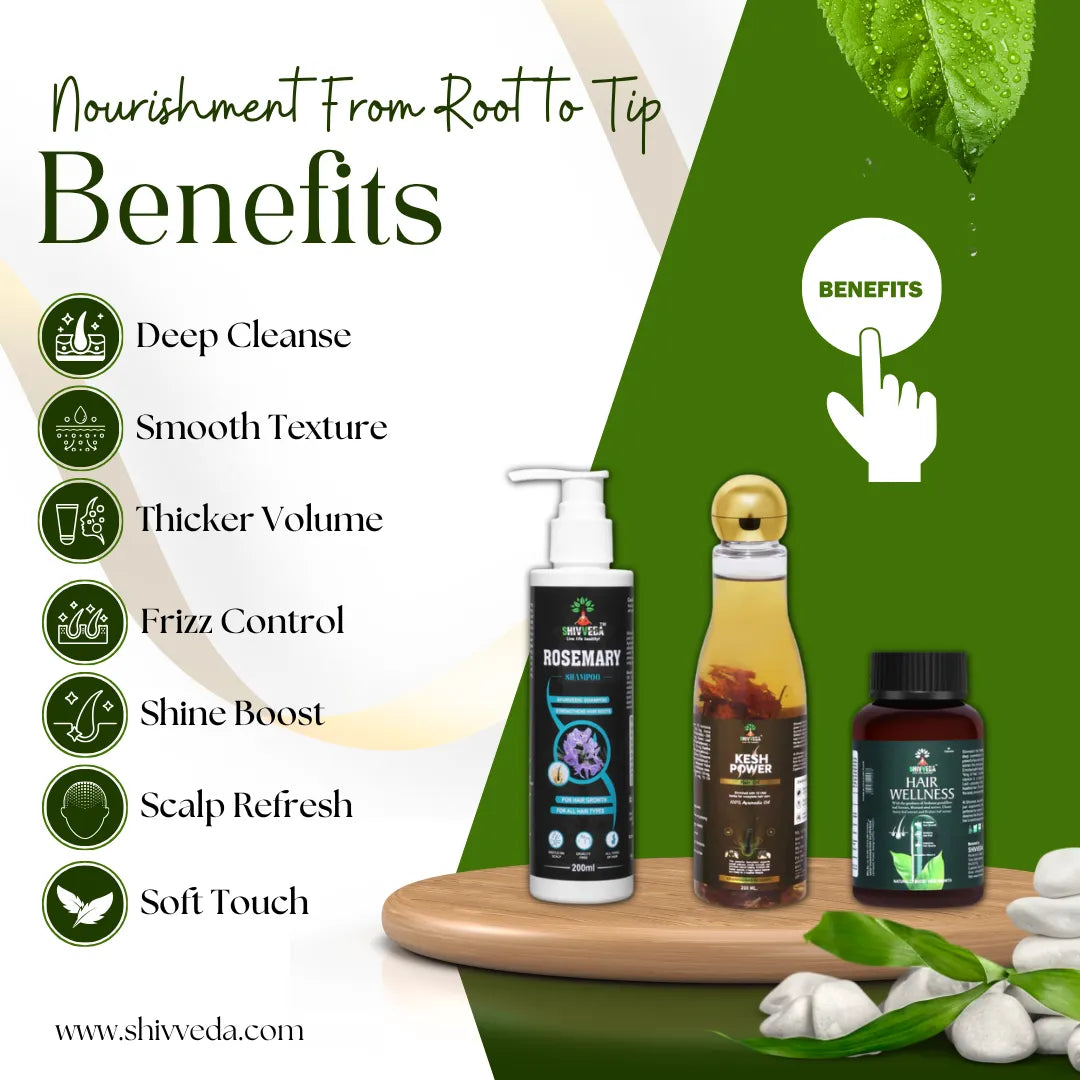 Shivveda Hair Care Combo | Rosemary Shampoo, Kesh Power Oil & Hair Wellness Capsules | Ayurvedic Solution for Stronger, Healthier Hair