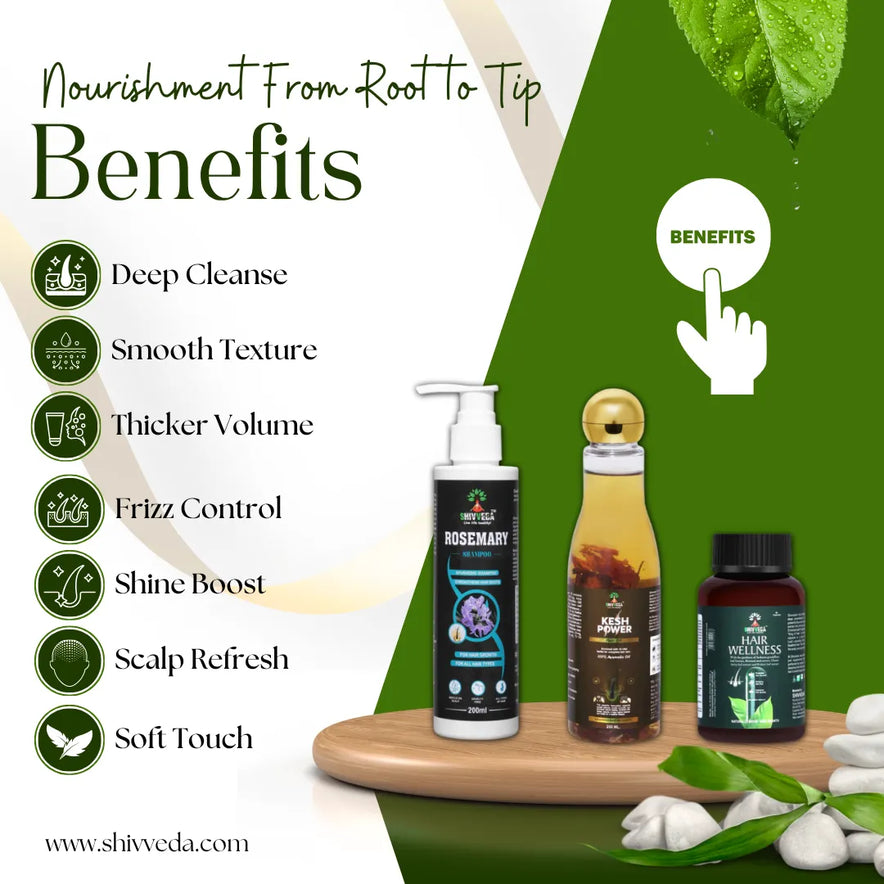 Shivveda Hair Care Combo | Rosemary Shampoo, Kesh Power Oil & Hair Wellness Capsules | Ayurvedic Solution for Stronger, Healthier Hair