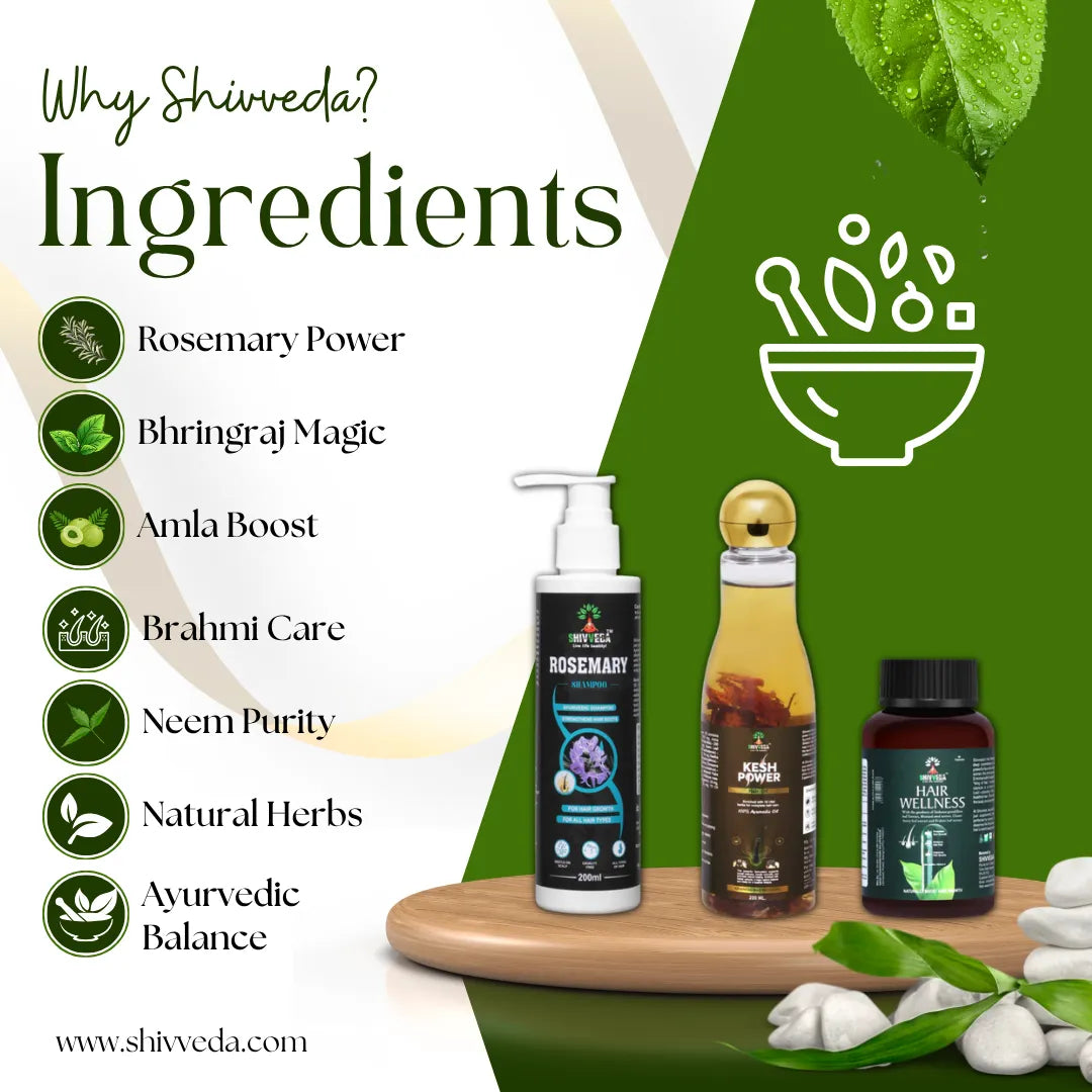 Shivveda Hair Care Combo | Rosemary Shampoo, Kesh Power Oil & Hair Wellness Capsules | Ayurvedic Solution for Stronger, Healthier Hair