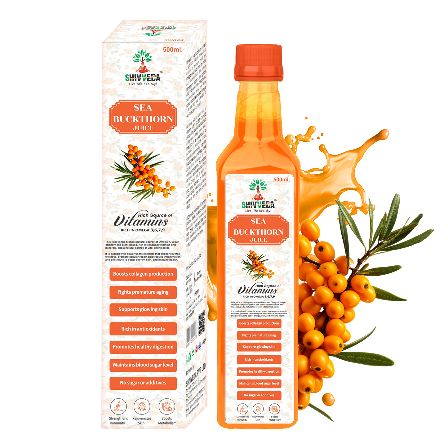 Shivveda Sea Buckthorn Juice, a pure and potent Ayurvedic health supplement made from the finest Himalayan Sea Buckthorn berries.