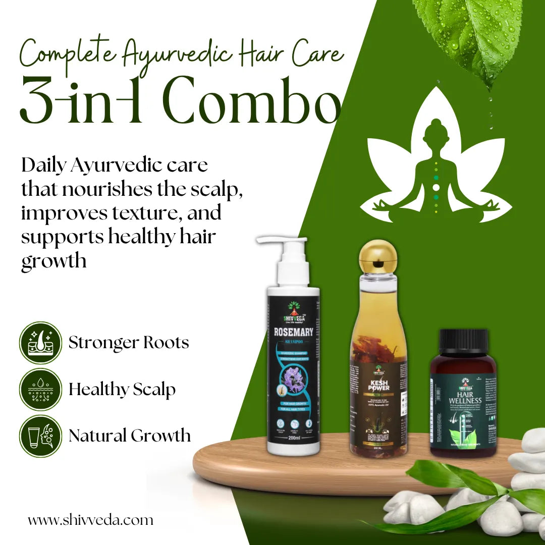 Shivveda Hair Care Combo | Rosemary Shampoo, Kesh Power Oil & Hair Wellness Capsules | Ayurvedic Solution for Stronger, Healthier Hair
