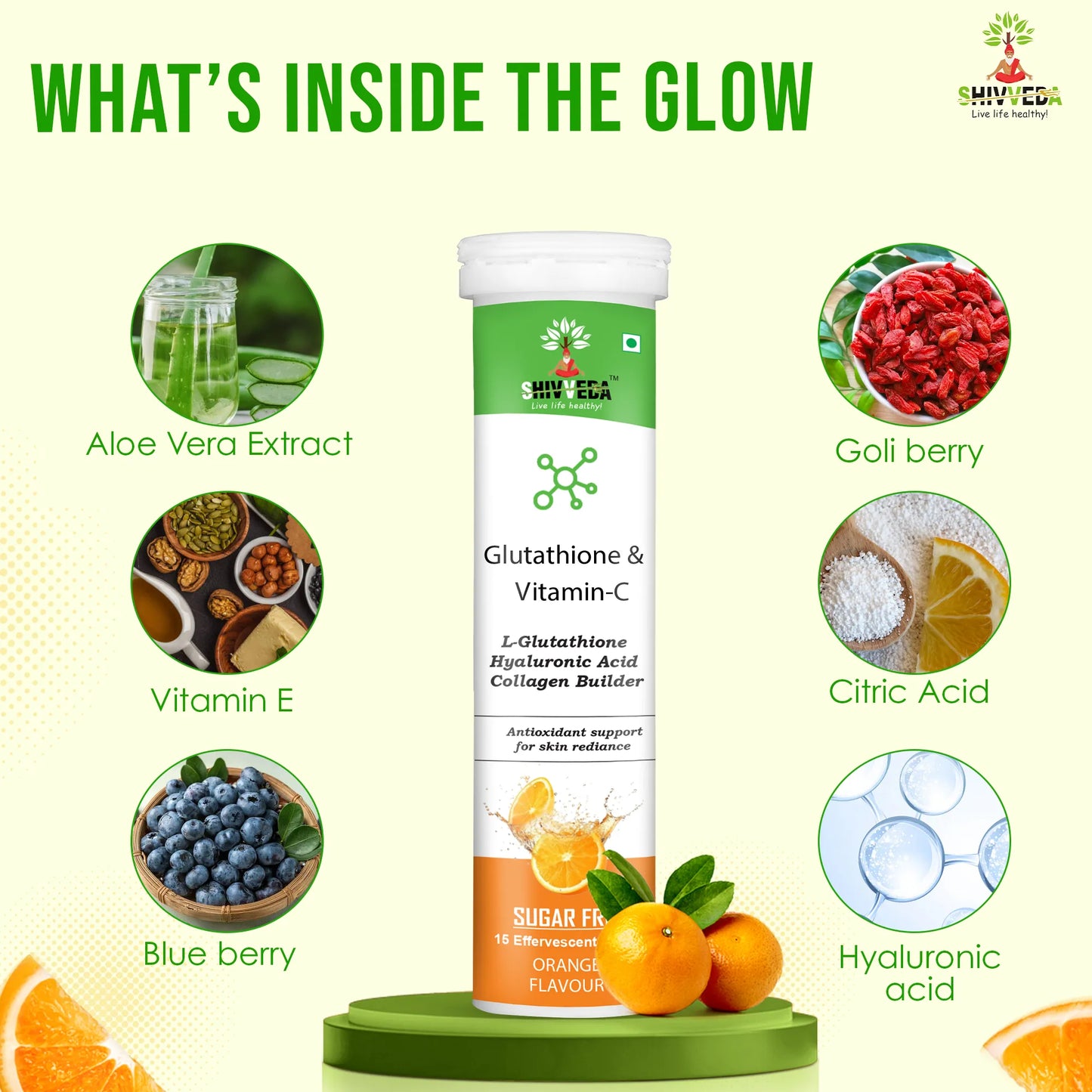 Shivveda Glutathione & Vitamin-C Effervescent Tablets - Best Glutathione & Vitamin-C Tablets for Glowing Skin