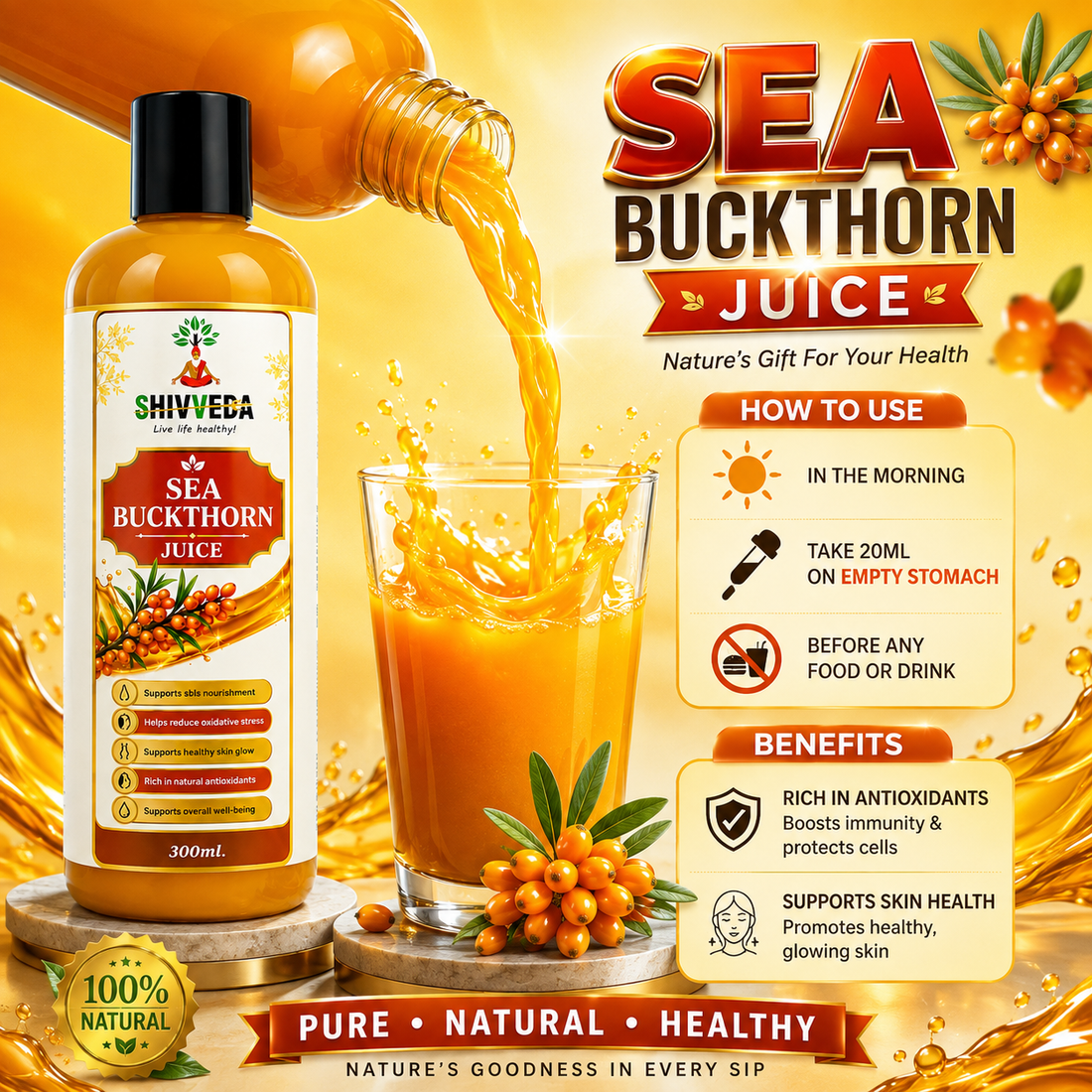 Shivveda Sea Buckthorn Juice – Boost Immunity, Skin Glow & Digestion Naturally